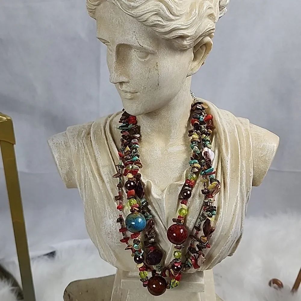 Artsy Colorful Eclectic Seashell, Ceramic and Stone Beaded Necklace